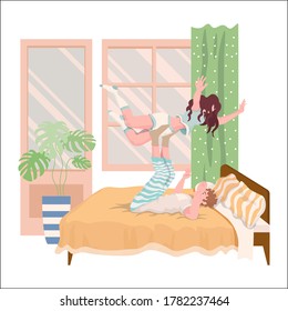 Happy couple spending time together vector flat illustration. Wife and husband or boyfriend and girlfriend doing fooling around in bed, doing funny sport exercises. Modern bedroom interior design.
