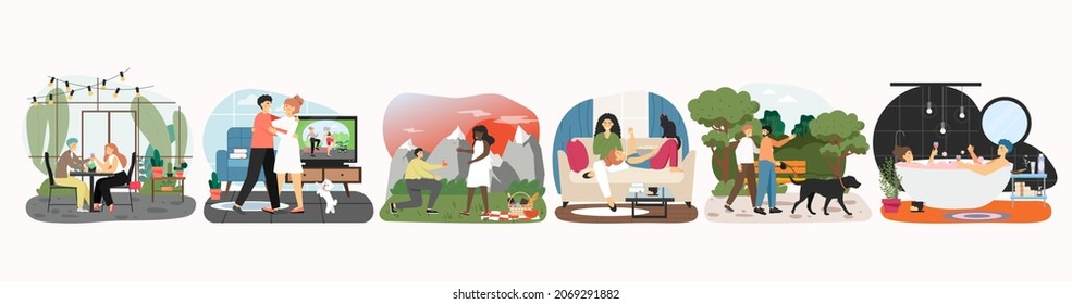 Happy couple spending time together at home, at restaurant, in nature. Romantic love relationship, vector illustration.
