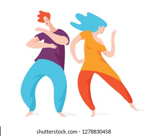 Happy Couple Spontaneous Dancing People. Vector Men And Woman Dancing. 5 Rhythms Dancing. 