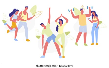 Happy Couple Sports Activity Set Isolated on White Background. Young Loving Man and Woman Doing Exercises with Dumbbells, Jogging, Doing Yoga Asana, Healthy Lifestyle. Cartoon Flat Vector Illustration