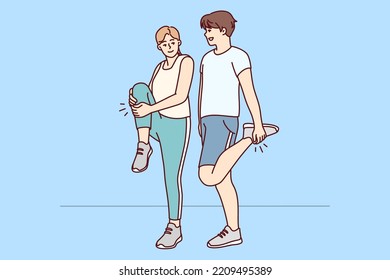 Happy couple in sportswear training together outdoors. Smiling man and woman have fun doing sport or workout. Physical activity. Vector illustration. 