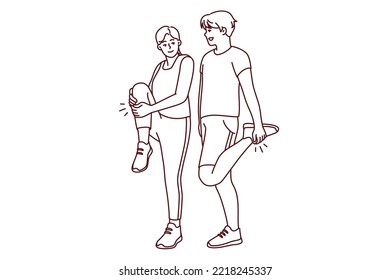 Happy couple in sportswear training together outdoors. Smiling man and woman have fun doing sport or workout. Physical activity. Vector illustration.