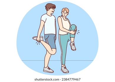 Feliz pareja en entrenamiento de ropa deportiva juntos al aire libre. Un hombre y una mujer sonrientes se divierten haciendo deporte o entrenando. Actividad física. Ilustración vectorial.