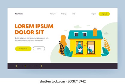Happy couple standing near windows and talking. Love, house, apartment flat vector illustration. Relationship and neighborhood concept for banner, website design or landing web page