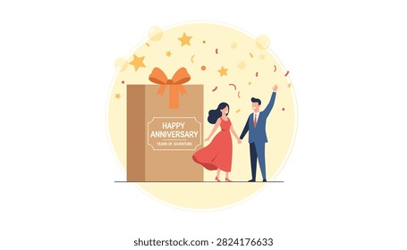 Happy couple standing next to a giant gift box with an anniversary message and confetti falling while celebrating their romantic relationship milestones.
