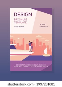 Happy couple standing on edge of yacht. Sea, cityscape, wealth flat vector illustration. Vacation and sailing concept for banner, website design or landing web page