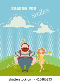Happy couple standing on the meadow grass. Loving and smiling people with birds. Vector flat style summer postcard.