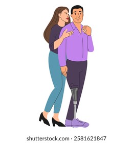 Happy couple standing together vector isolated. Woman hugs man with prosthetic leg. Romantic couple, happy together. Male character with prosthesis, female person supports husband.