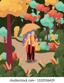 Happy couple standing with a umbrella over autumn trees background, colorful design. vector illustration