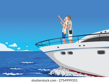 A happy couple stands on the deck of a snow-white yacht sailing on the waves. A symbol of summer vacations and travel. Hand-drawn vector illustration of a sea adventure.