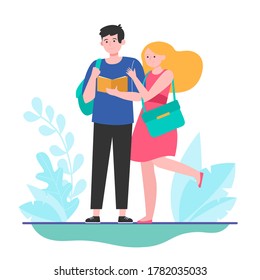 Happy couple of students. Girl hugging her boyfriend with book flat vector illustration. Youth, love, relationship concept for banner, website design or landing web page