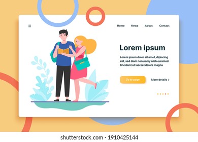 Happy couple of students. Girl hugging her boyfriend with book flat vector illustration. Youth, love, relationship concept for banner, website design or landing web page