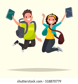 Happy couple of students jumping for joy. Vector illustration in a flat style