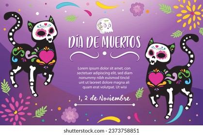 Happy couple sugar cat skeleton for Day of the Dead. Mexican tradition. Day of the dead banner. Template for decoration with Mexican elements. Vector illustration for literary skull, Halloween, card