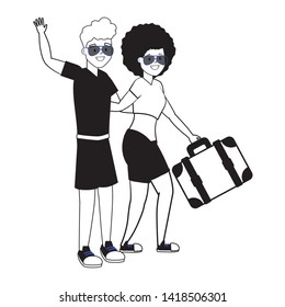 happy couple with suitcase summer time vector illustration