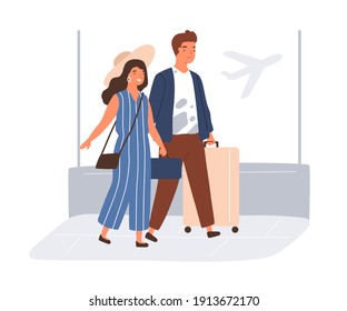Happy couple with suitcases and baggage in airport. Young man and woman going to travel on summer holiday. Colored flat vector illustration isolated on white background