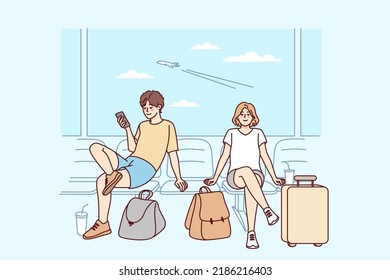 Happy couple with suitcases sitting in airport ready for summer vacation. Smiling man and woman with baggage excited about traveling. Tourism concept. Vector illustration. 