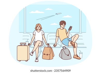 Happy couple with suitcases sitting in airport ready for summer vacation. Smiling man and woman with baggage excited about traveling. Tourism concept. Vector illustration.