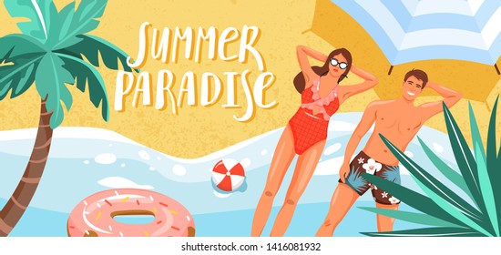 Happy couple sunbathing on a beach. Palm, lettering, swim ring and beach umbrella. Summer rest and vacation concept. Design for banner, landing page, invitation etc. Vector.