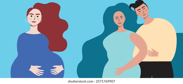 Happy couple with surrogate pregnant woman as family planning and in vitro fertilization concept, flat vector stock illustration with IVF