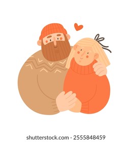 Happy couple in sweaters. Cute winter illustration of hugging man and woman. Vector cartoon portrait. Template for St. Valentine's or Christmas greeting card