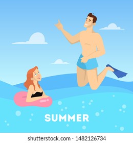 Happy couple swimming in the sea. Summer vacation and holiday. People in ocean in swimwear. Vector illustration in cartoon style