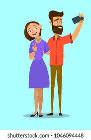 Happy couple are take selfie. Man and woman are photographed together. Vector illustration in a flat style