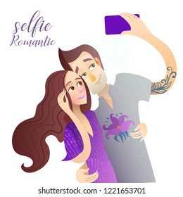 Happy couple are take selfie. Man and woman are photographed together. Vector illustration 