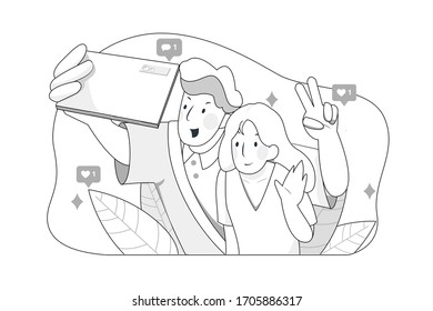 Happy couple are take selfie. Man and woman are photographed together. 
