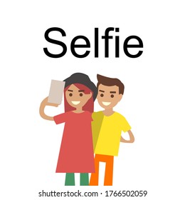 Happy couple are take selfie. Man and woman are photographed together. Vector illustration in a flat style