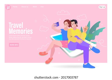 Happy couple are take selfie. Man and woman are photographed together. Travelling concept. Tropical plants on background. Girl traveller making photos. woman selfie with boy friend vector illustration