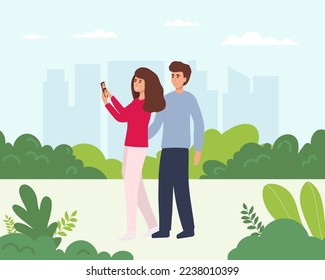 Happy couple are take selfie. Man and woman are photographed together. Vector illustration in a flat style