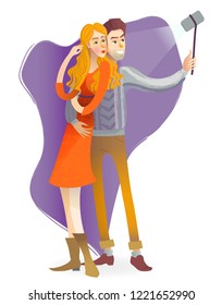 Happy couple are take selfie from monopod. Man and woman are photographed together. Vector illustration 