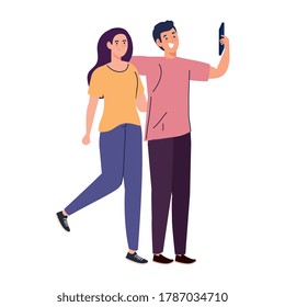 happy couple take selfie on white background vector illustration design