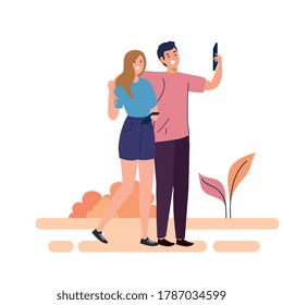 happy couple take selfie outdoor, on white background vector illustration design