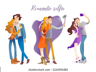 Happy couple are take selfie Set. Man and woman are photographed together. Vector illustration 