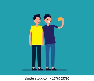 Happy couple are take selfie. Vector illustration in happy cartoon design