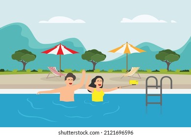 Happy couple takiing self portrait at swimming pool 2d flat vector illustration concept for banner, website, landing page, ads, flyer template