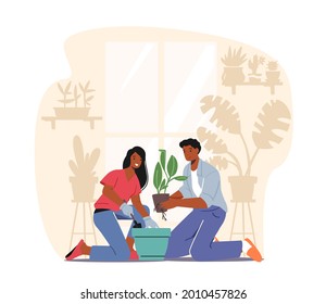 Happy Couple Taking Care of Home Plants. Male and Female Characters Enjoying Gardening Growing Houseplants. Young Man and Woman Cultivating Potted Plant at Home. Cartoon People Vector Illustration