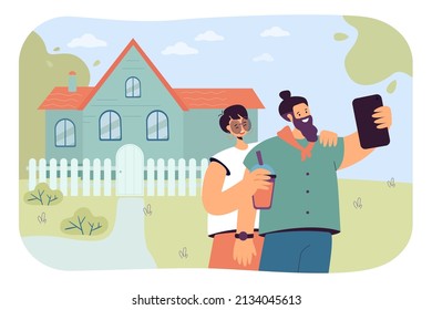 Happy couple taking photo in background of new house. Man and woman celebrating moving into new home flat vector illustration. Real estate concept for banner, website design or landing web page