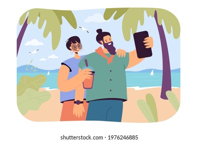 Happy couple taking photo with phone on beach. Young woman and man holding cellphone flat vector illustration. Traveling, summer, holiday concept for banner, website design or landing web page