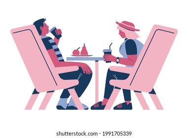 Happy couple taking rest, sitting at table in cafe, drinking coffee and talking to each other, flat vector illustration. Coffee break.