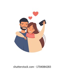 Happy couple taking a romantic selfie. Man and woman are photographed together. Portrait vector illustration. For your design