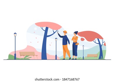 Happy couple taking selfie in autumn park. Fall, love, season flat vector illustration. Date and weekend concept for banner, website design or landing web page