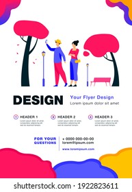 Happy couple taking selfie in autumn park. Fall, love, season flat vector illustration. Date and weekend concept for banner, website design or landing web page