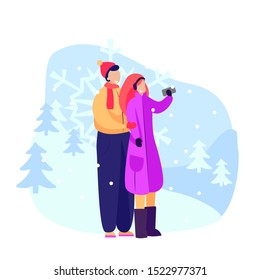 Happy couple taking selfie. Man and woman wearing overcoats and hats, standing outdoors and using smartphone. Leisure concept. Vector illustration for topics like vacation, winter, activities