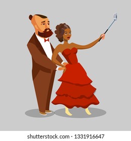 Happy Couple taking Selfie Vector Illustration. Boyfriend, Girlfriend Cartoon Characters. Man in Suit Flat Drawing. Dark Skin Woman in Luxury Evening Gown. Romantic Trip, Honeymoon Isolated Clipart
