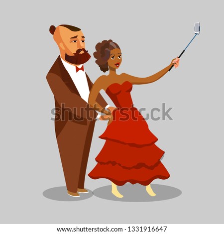 Happy Couple taking Selfie Vector Illustration. Boyfriend, Girlfriend Cartoon Characters. Man in Suit Flat Drawing. Dark Skin Woman in Luxury Evening Gown. Romantic Trip, Honeymoon Isolated Clipart