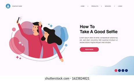 Happy couple taking a selfie. Web page design with lifestyle or business concept for website and mobile website development Website template design vector illustration.