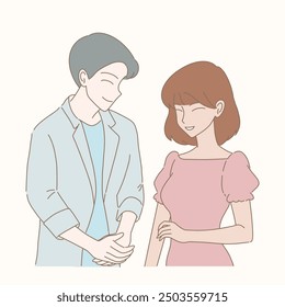 Happy couple talking, laughing, standing together, looking at each other with love. Hand drawn flat cartoon character vector illustration.